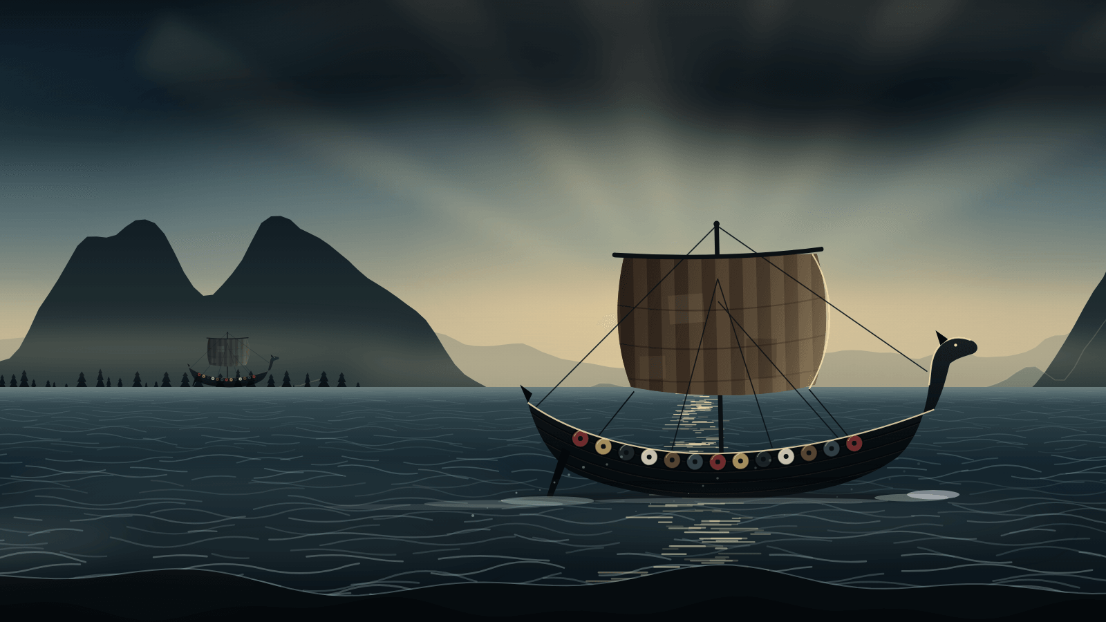 A longship under a striped square sail crossing cold water towards a low sun, fjord cliffs behind.