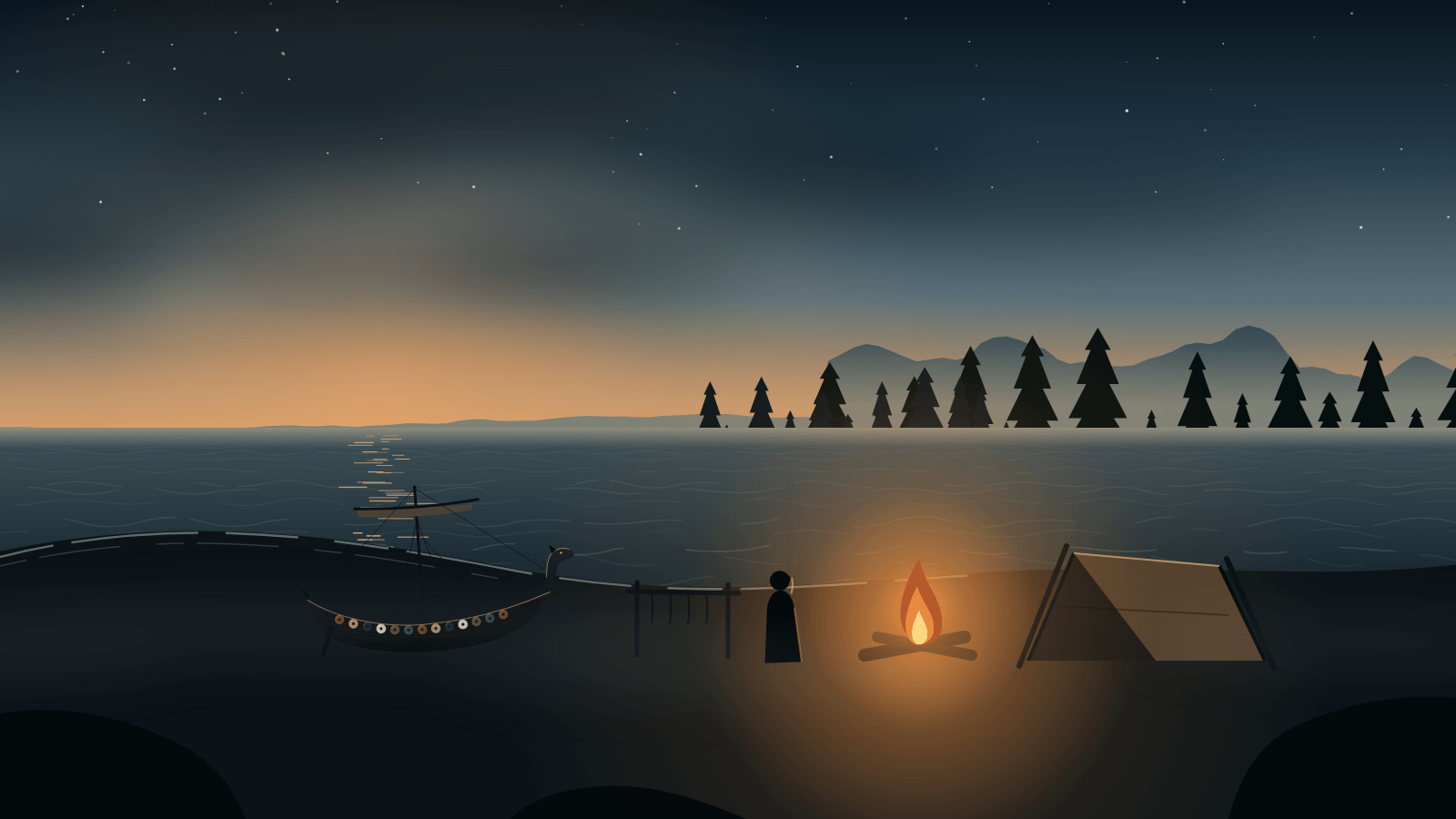 A beach camp at dusk with a fire, a sailcloth lean-to and a beached longship.