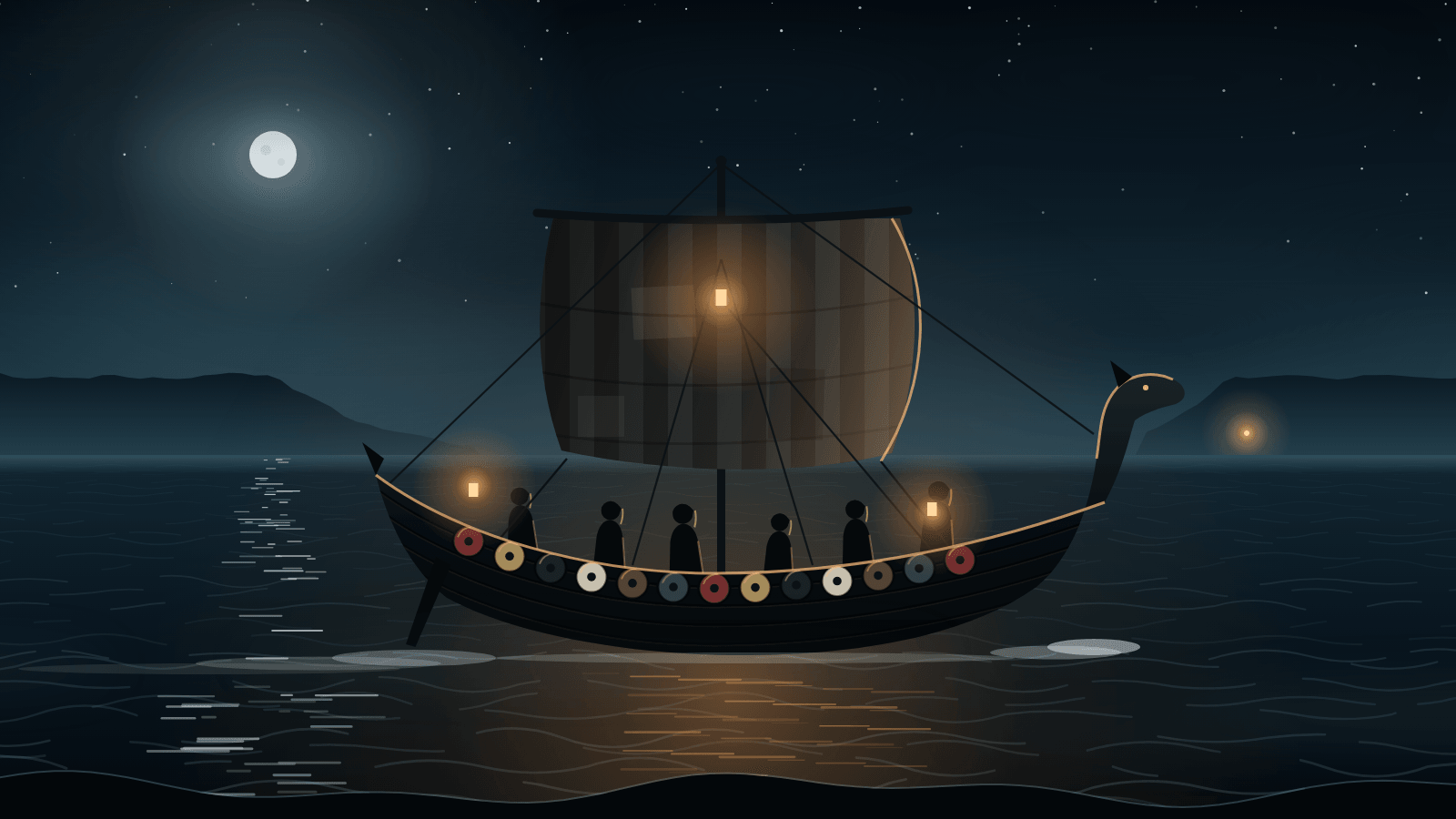 A longship at night with lanterns lit and cloaked figures standing along the gunwale.