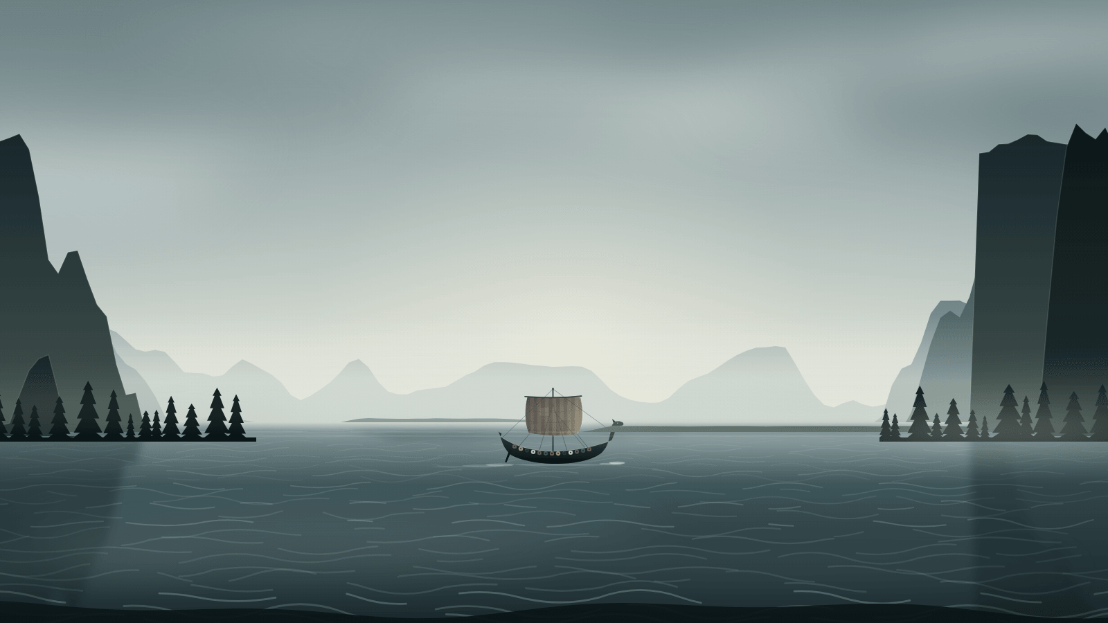 A misty fjord at dawn with a small longship between tall dark cliffs.