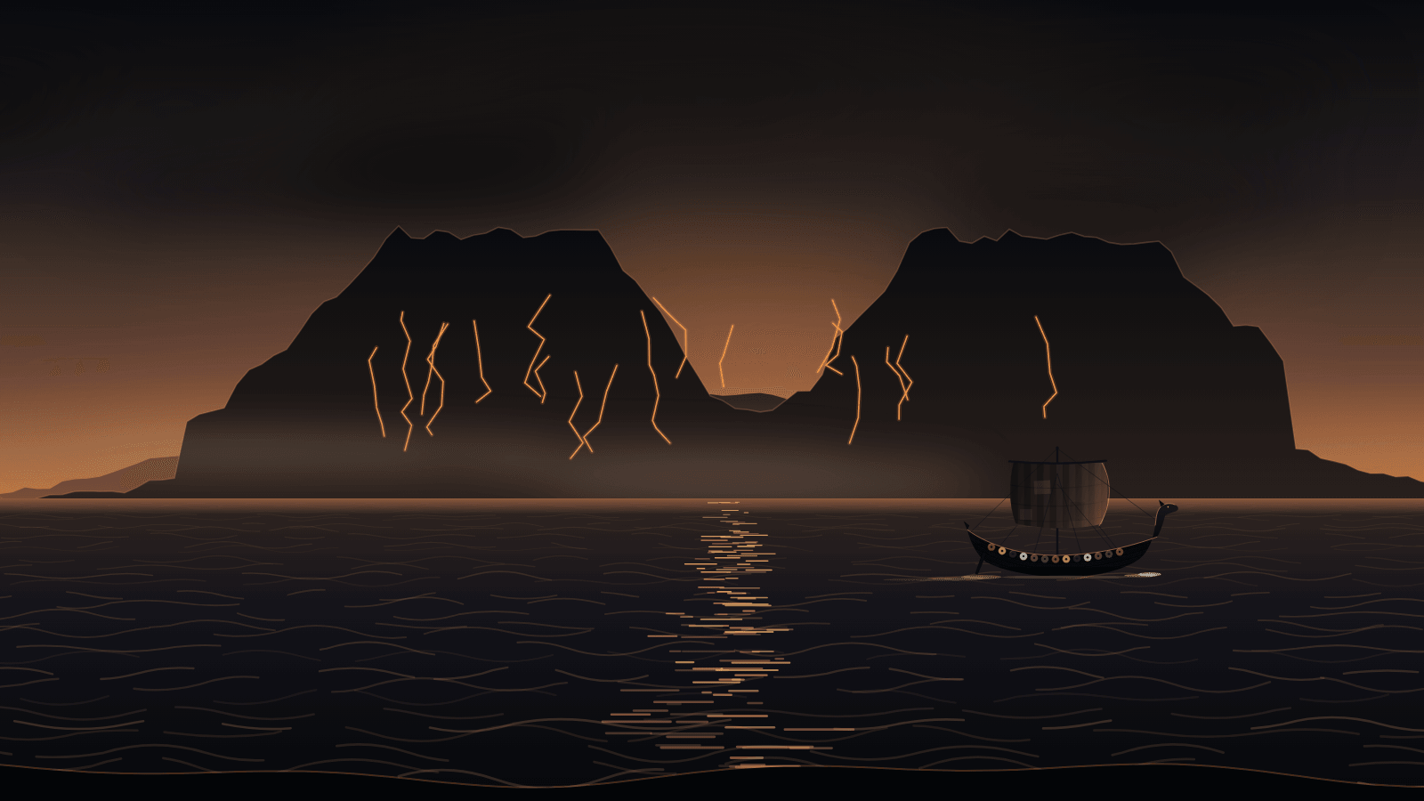 Black volcanic islands with glowing orange fissures at dusk, a small ship in the distance.