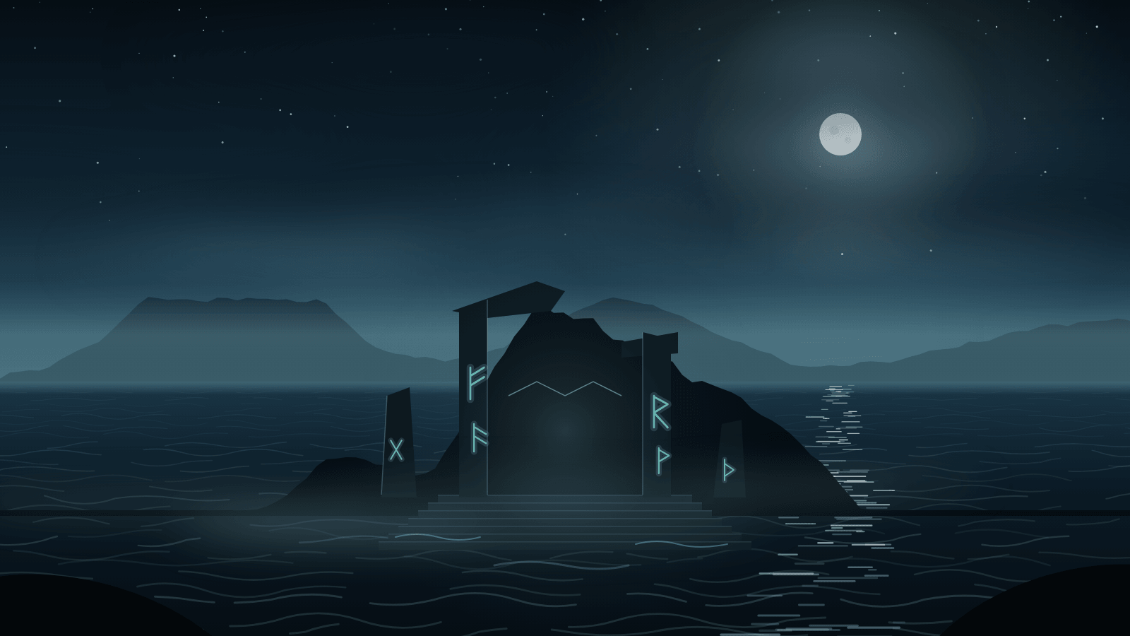 Ruined stone arch and standing stones on an islet at night, turquoise runes glowing.