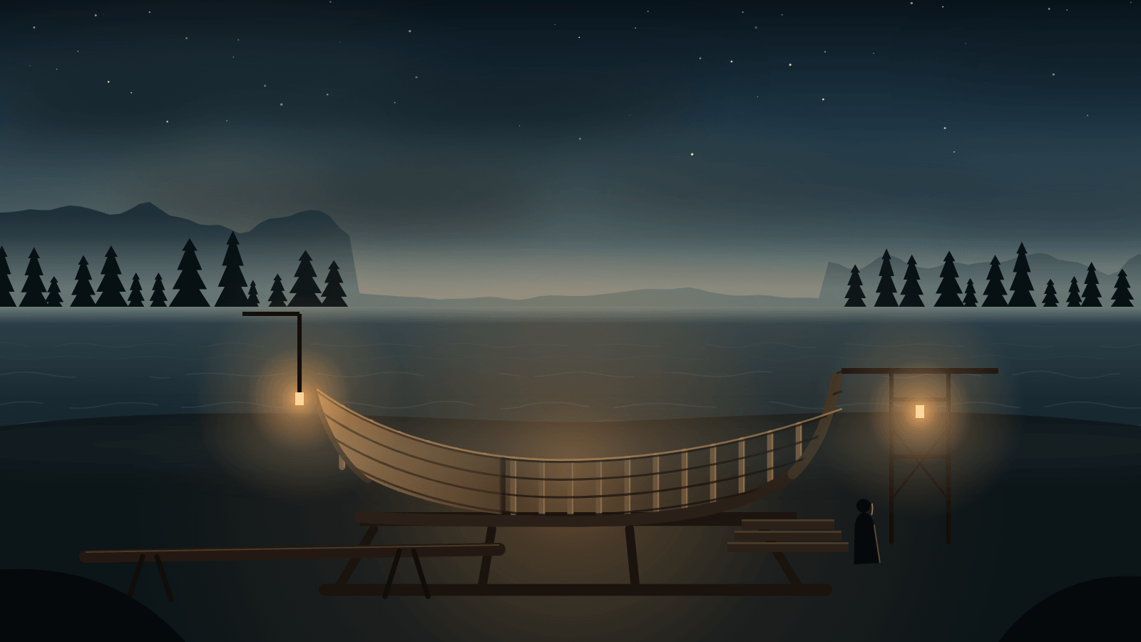 A longship hull under construction on a slipway, lit by warm lanterns against a blue dusk.