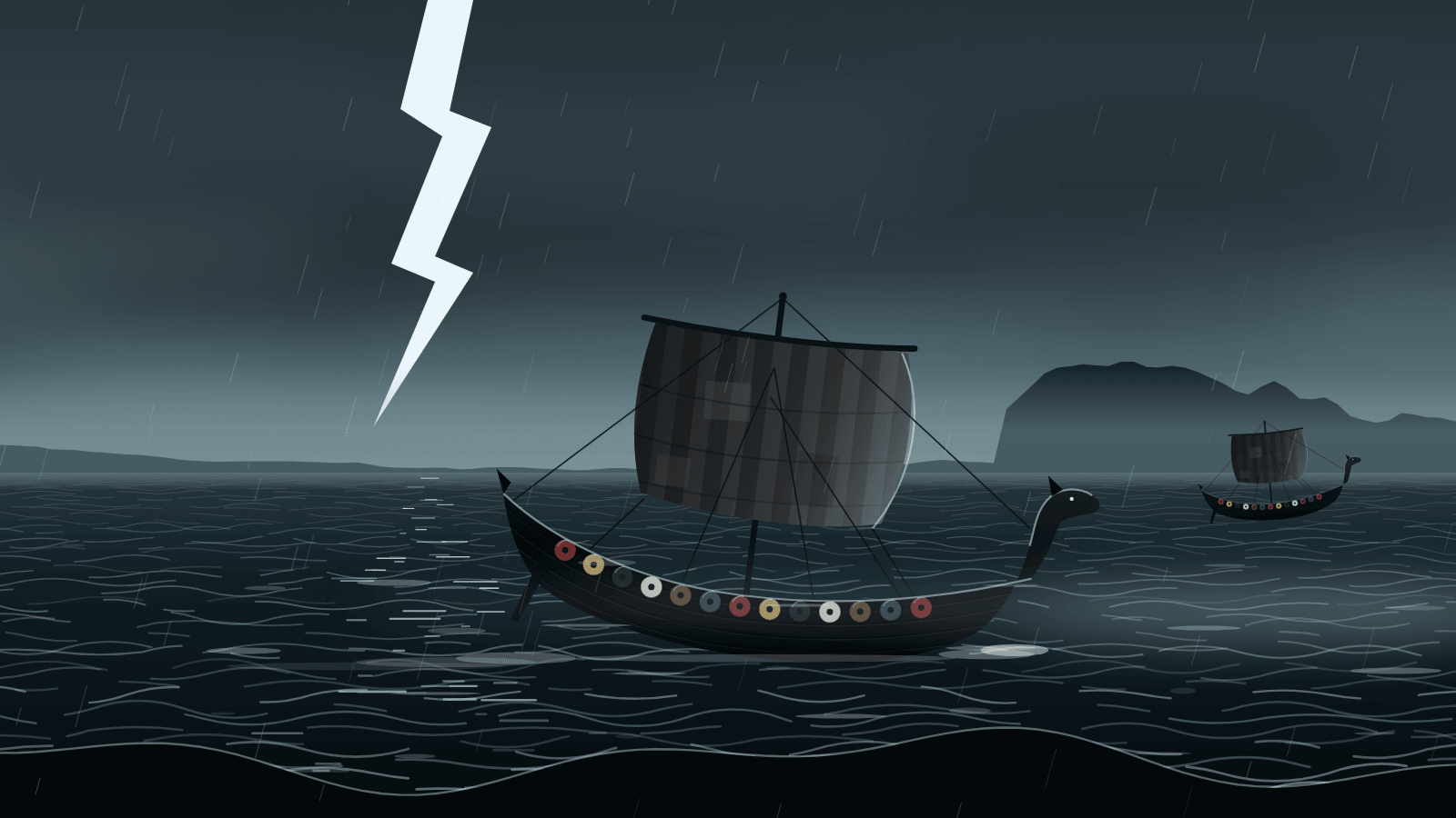 Two longships in a storm under dark clouds with rain and lightning.